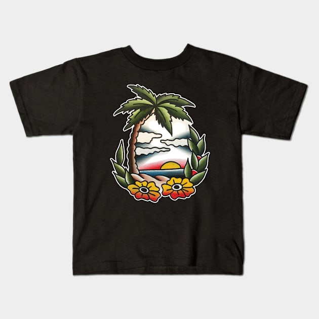 Paradise Beach Tattoo Design Kids T-Shirt by forevertruetattoo